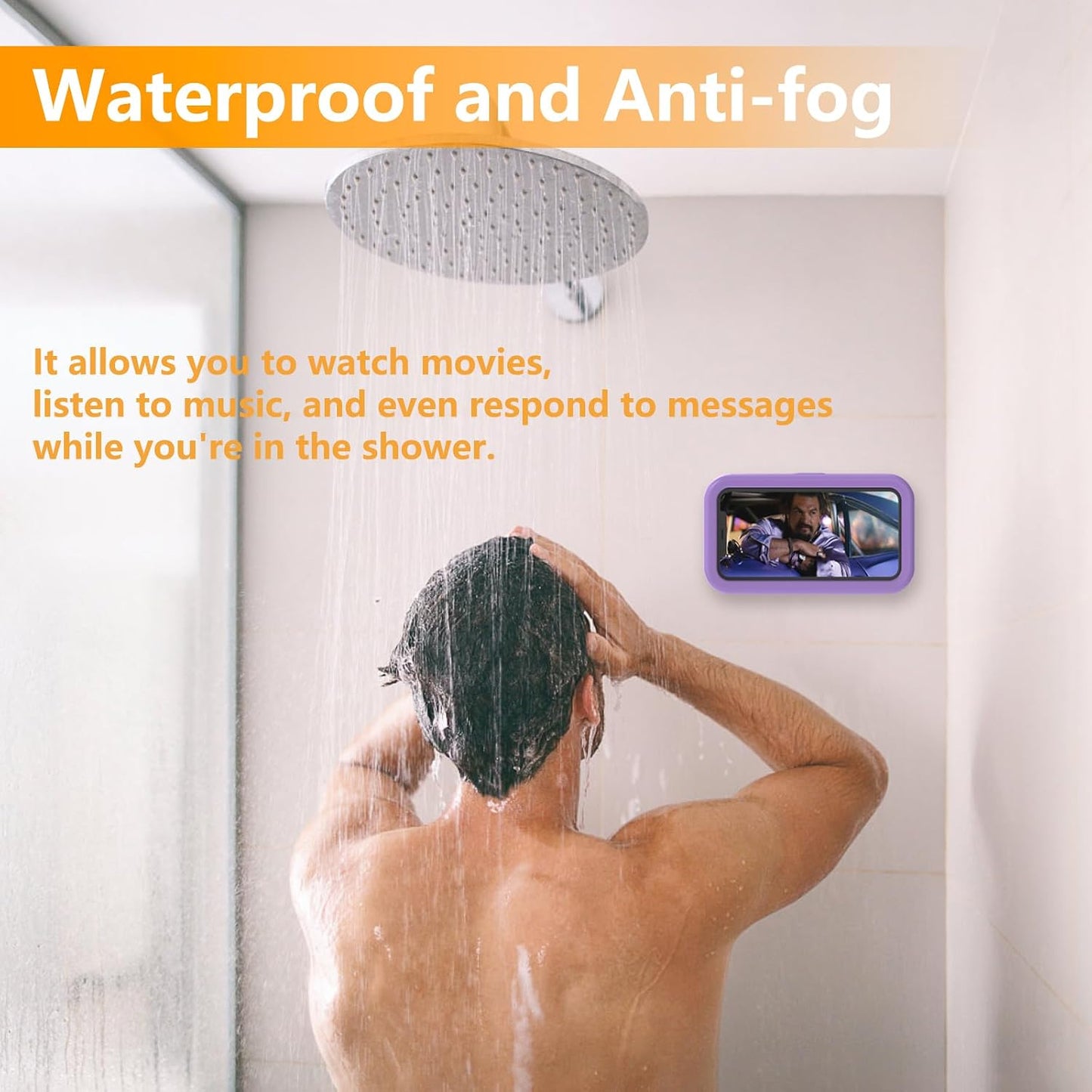 Waterproof Shower Phone Holder, Purple | Angle Adjustable, Anti-Fog High Sensitivity,For Bathroom,Batheub, Kitchen Wall,Compatible with 4" - 6.8" Cell Phones