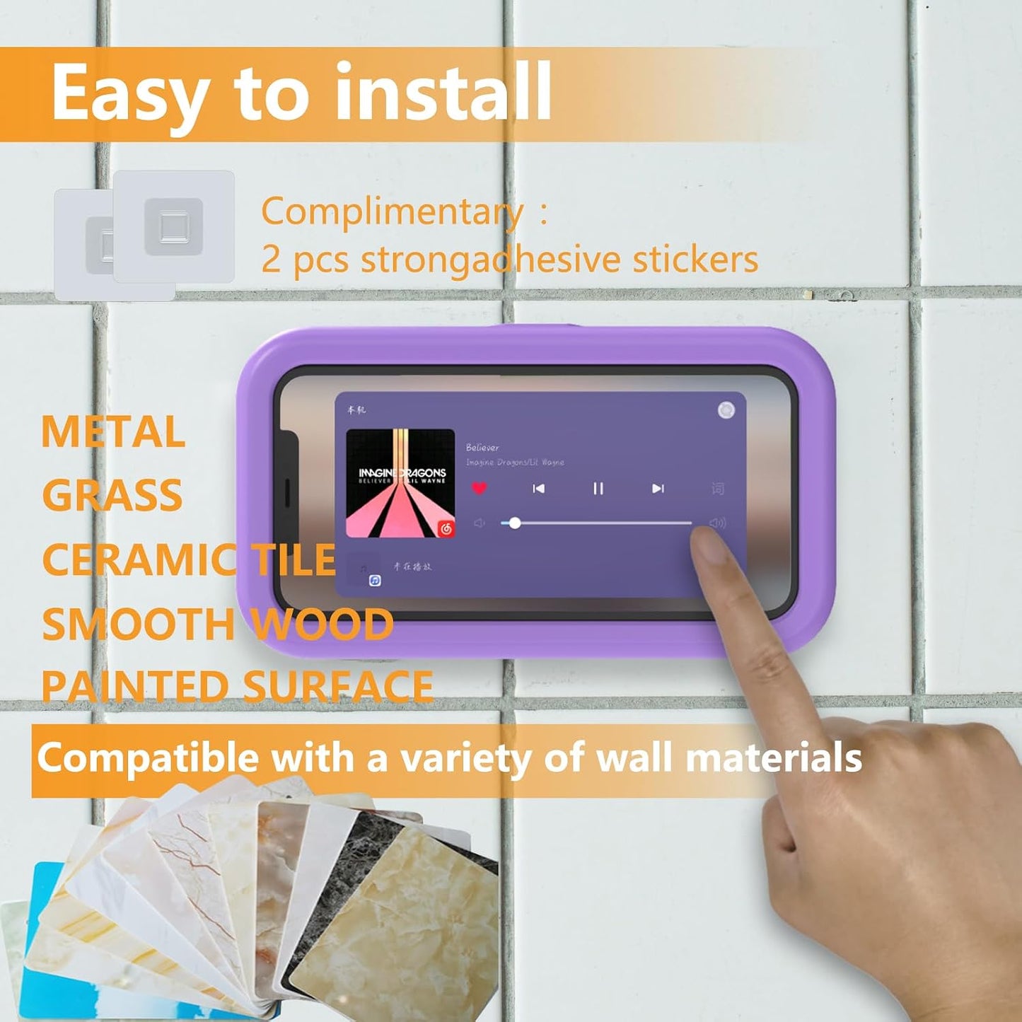 Waterproof Shower Phone Holder, Purple | Angle Adjustable, Anti-Fog High Sensitivity,For Bathroom,Batheub, Kitchen Wall,Compatible with 4" - 6.8" Cell Phones