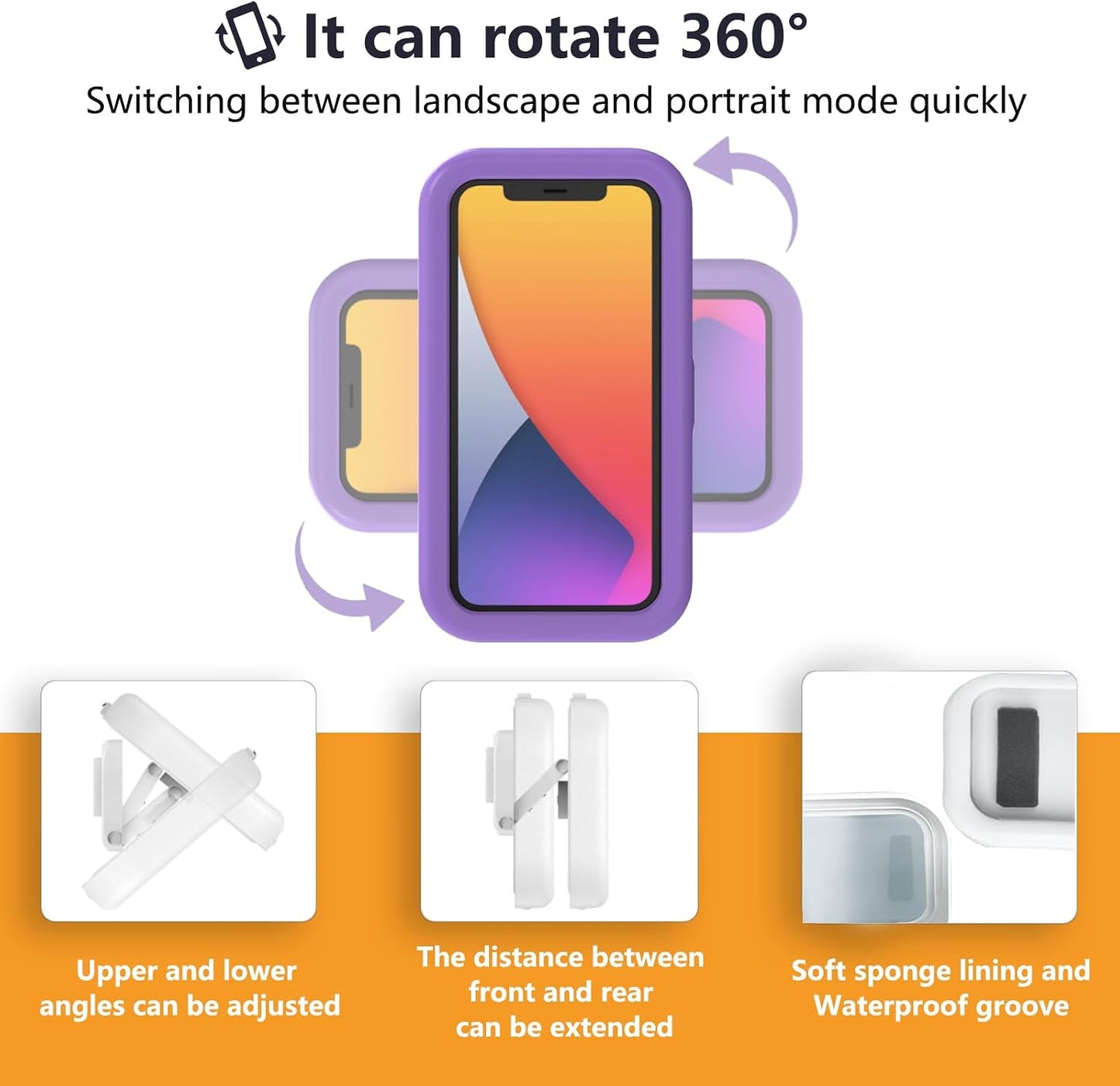 Waterproof Shower Phone Holder, Purple | Angle Adjustable, Anti-Fog High Sensitivity,For Bathroom,Batheub, Kitchen Wall,Compatible with 4" - 6.8" Cell Phones